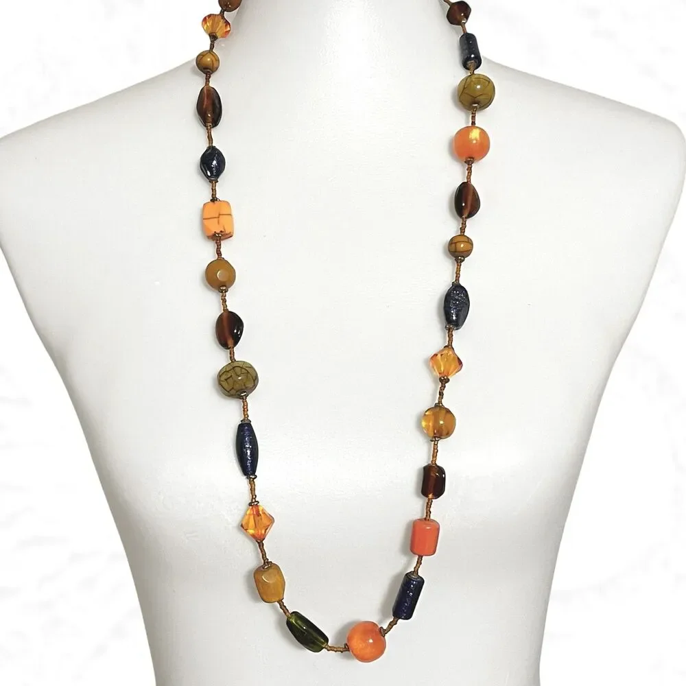 VTG Mixed Media Beaded Necklace Long Layering Boho Chunky Glass Glitter Autumn